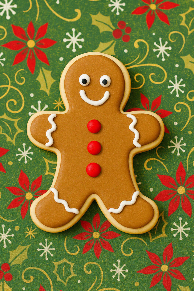 3.5 inch Folk Gingerbread Boy Metal Cookie Cutter shaped cookie decorated with icing on holiday pattern backdrop.