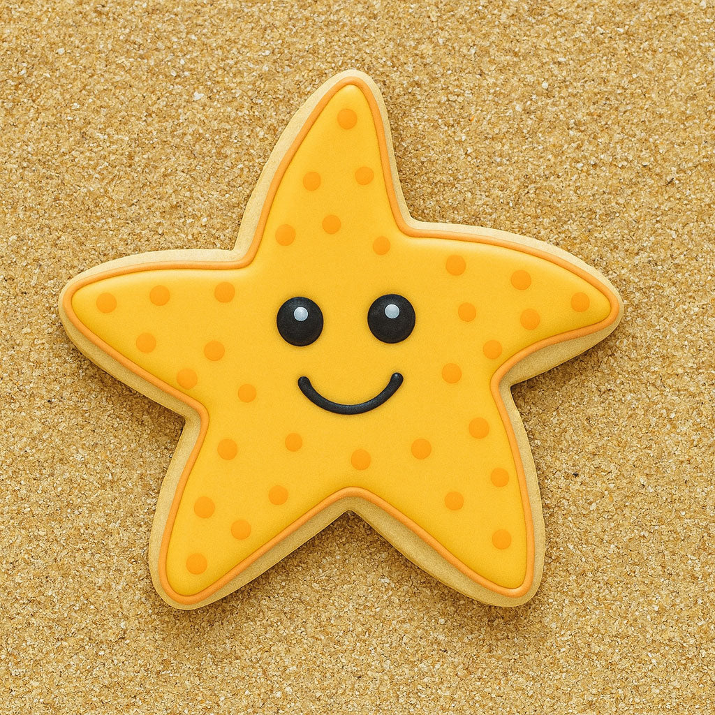 Star-shaped cookie with a smiley face on a sandy background from a 3.25 inch Folk Star or Starfish Metal Cookie Cutter