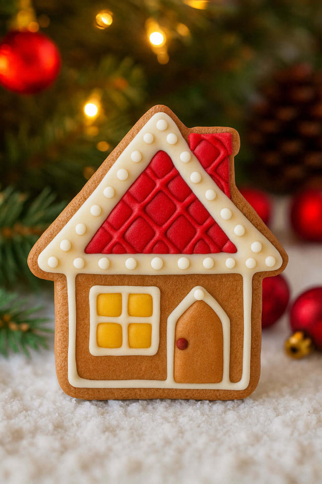 3.5 inch Gingerbread House Metal Cookie Cutter shaped gingerbread cookie decorated with icing.