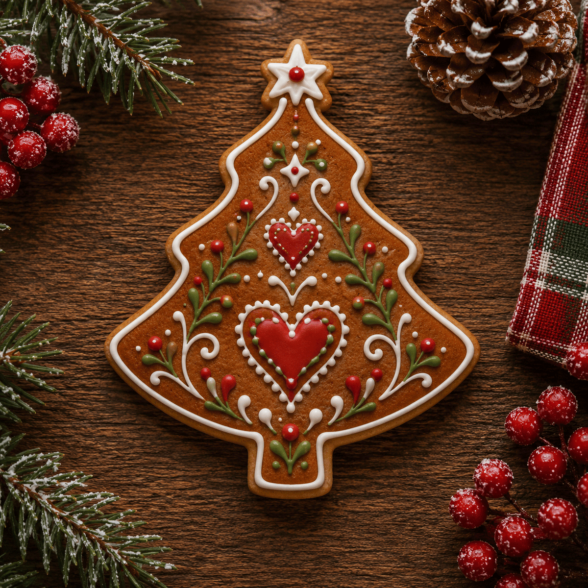 A decorated Christmas tree-shaped gingerbread cookie with red and white icing details, placed on a rustic wooden surface with holiday props including pine branches, red berries, a pinecone, and a plaid cloth from a 4 inch Tree with Star Metal Cookie Cutter