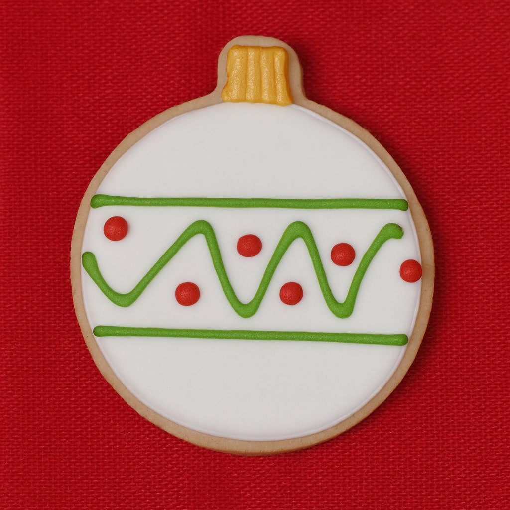4 inch Christmas Ornament Metal Cookie Cutter shaped cookie decorated with green and red icing on a red background.