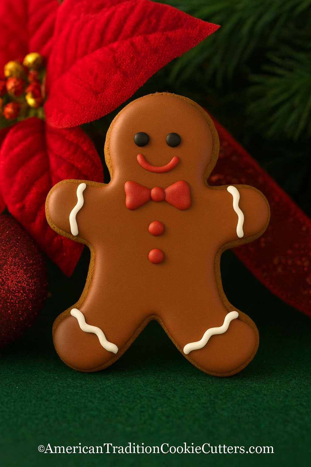 Decorative gingerbread man cookie with red bow tie against a festive background