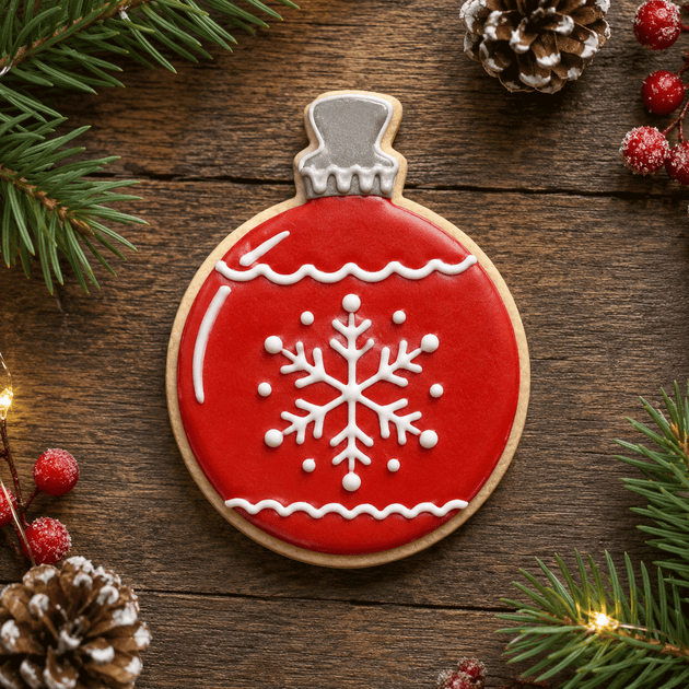 A round Christmas ornament-shaped cookie with red icing and a white snowflake design, placed on a rustic wooden surface with pine branches, pinecones, and red berries around it from a 4 inch Christmas Ornament Metal Cookie Cutter