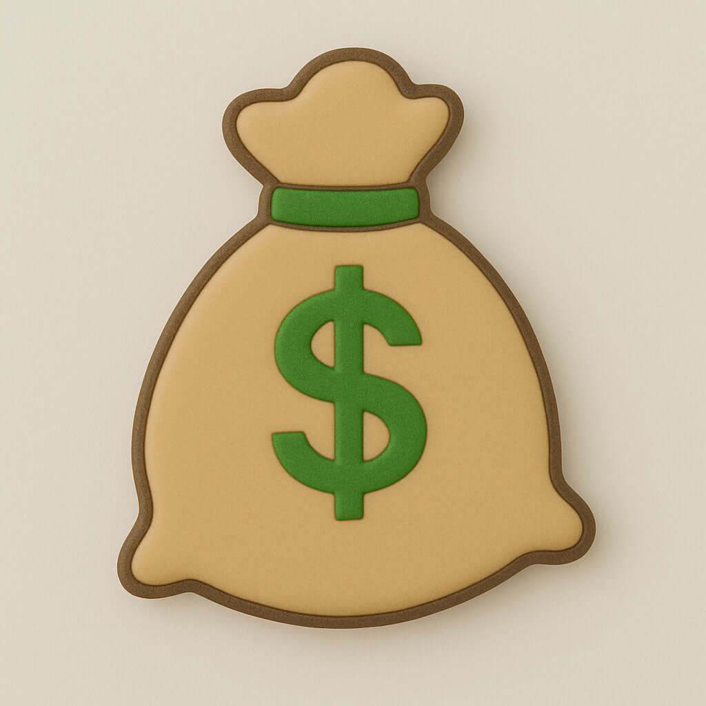 Beige money bag with a green dollar sign on a beige background from a 3.5 inch Santa Potato Money Sack Metal Cookie Cutter
