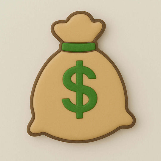 Beige money bag with a green dollar sign on a beige background from a 3.5 inch Santa Potato Money Sack Metal Cookie Cutter