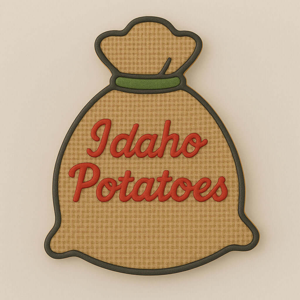 Decorative cookie shaped like a bag of Idaho Potatoes on a beige background from a 3.5 inch Santa Potato Money Sack Metal Cookie Cutter