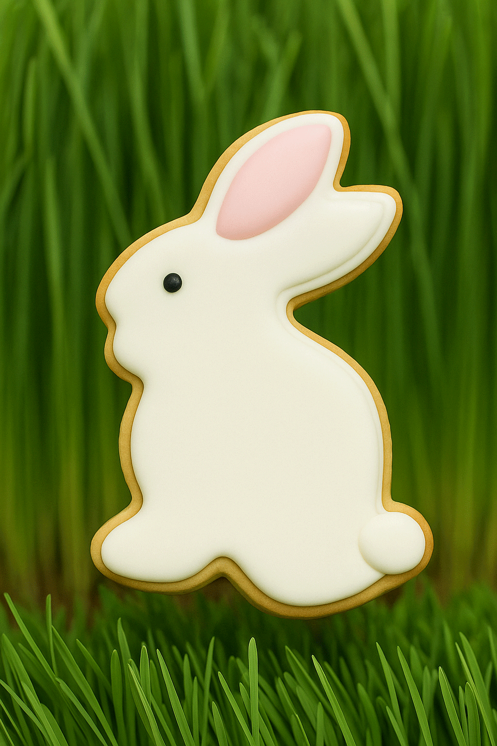 3.25 inch Chocolate Easter Bunny Rabbit Metal Cookie Cutter with a white icing bunny cookie on grass.