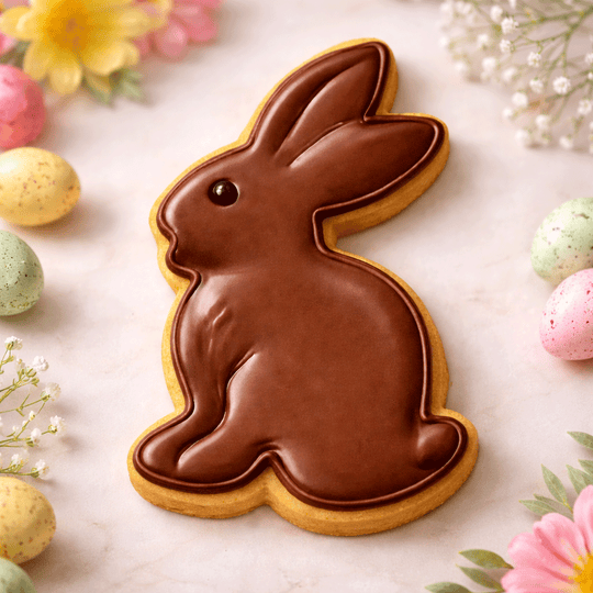 Chocolate bunny cookie on a marble surface with Easter eggs and flowers from a 3.25 inch Chocolate Easter Bunny Rabbit Metal Cookie Cutter