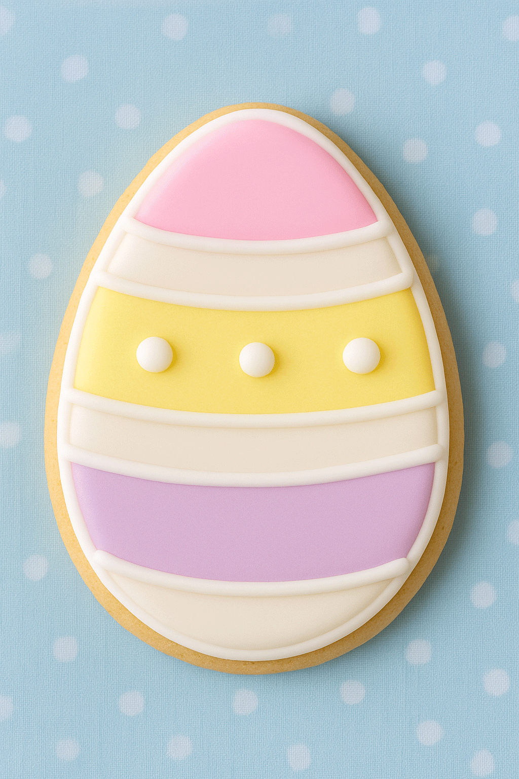2.5 inch Easter Egg Metal Cookie Cutter shaped and decorated cookie in pastel colors on a blue polka dot background.