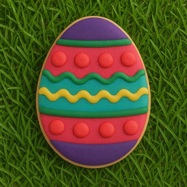 Colorful Easter egg cookie on grass from a 2.5 inch Easter Egg Metal Cookie Cutter