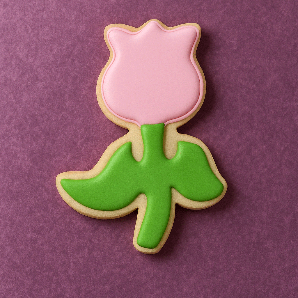 3 inch Tulip Metal Cookie Cutter shaped cookie decorated with pink and green icing on a purple background.