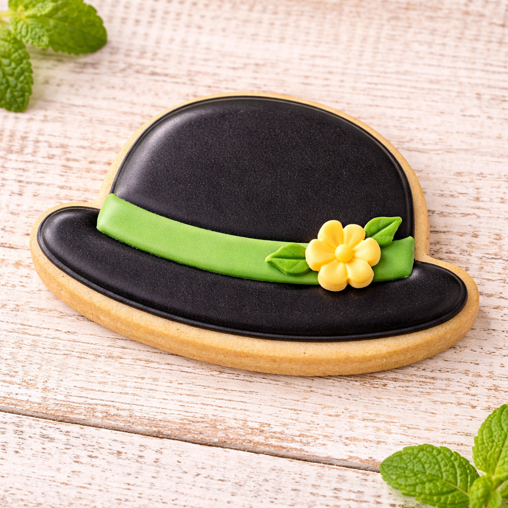 Decorative cookie shaped like a black top hat with a green band and yellow flower on a wooden surface from a 3.5 inch derby metal cookie cutter