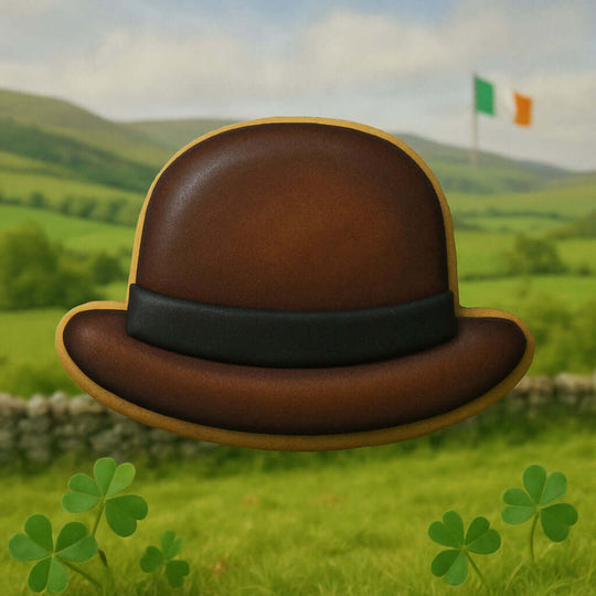 Brown bowler hat with a green landscape and Irish flag in the background from a 3.5 inch Derby Metal Cookie Cutter