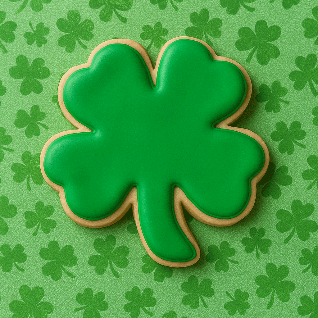 3 inch Clover Metal Cookie Cutter shaped green cookie on a shamrock patterned background for St. Patrick's Day.
