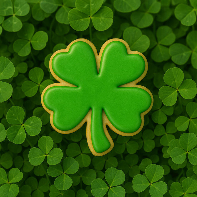 Green clover cookie on a bed of clover leaves from a 3 inch Clover Metal Cookie Cutter
