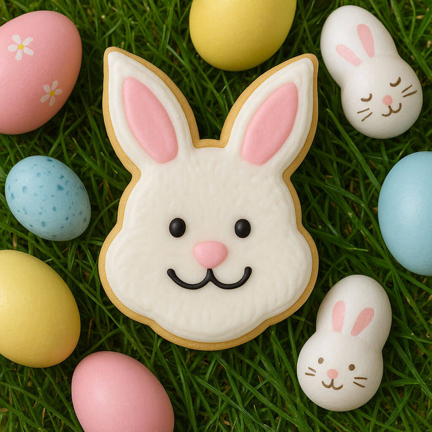 Bunny-shaped cookie with pink ears and a pink nose on grass with Easter eggs from a 3.5 inch Bunny Face Metal Cookie Cutter