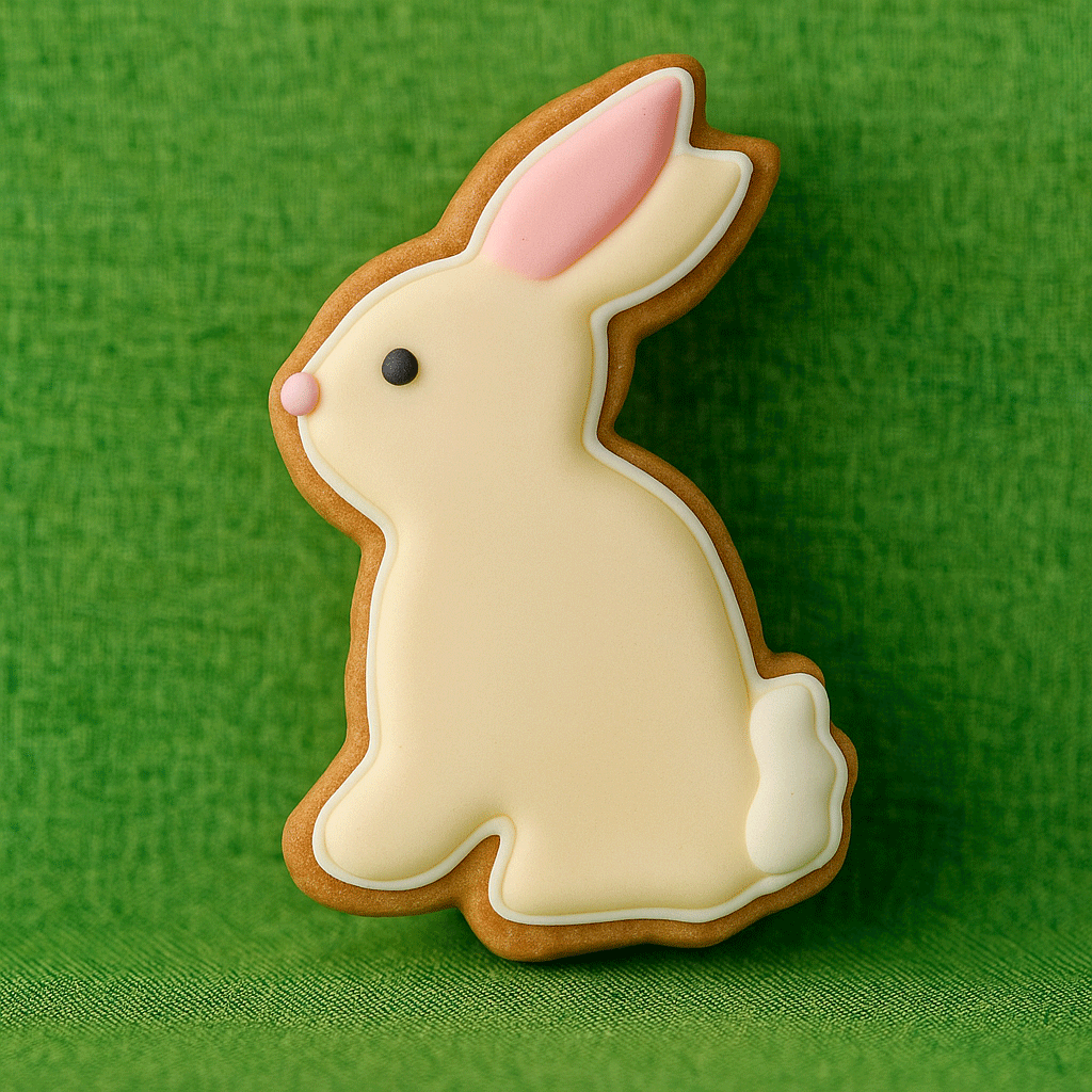 3.25 inch Chocolate Easter Bunny Rabbit Metal Cookie Cutter design featured on a decorated Easter bunny cookie.