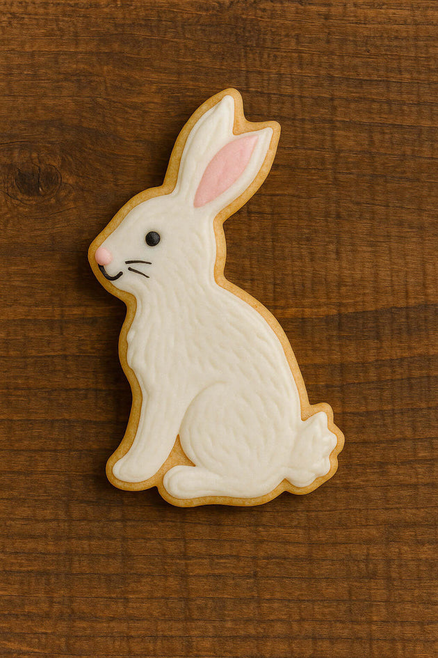 3.25 inch Chocolate Easter Bunny Rabbit Metal Cookie Cutter shaped cookie decorated with white icing and pink accents.