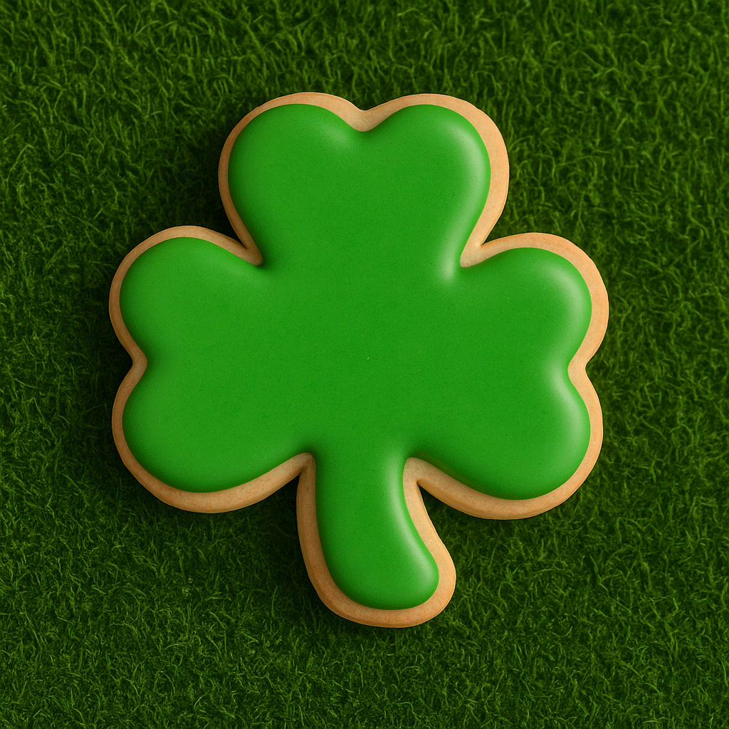 3 inch Shamrock Metal Cookie Cutter shaped green cookie on a grass background for St. Patrick's Day.