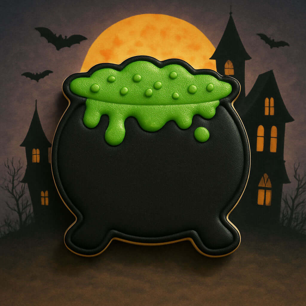 Halloween-themed cookie shaped like a black cauldron with green gooey filling, set against a dark background with bats and a haunted house from a 3.5 inch Pot O Gold or Witch's Cauldron Metal Cookie Cutter