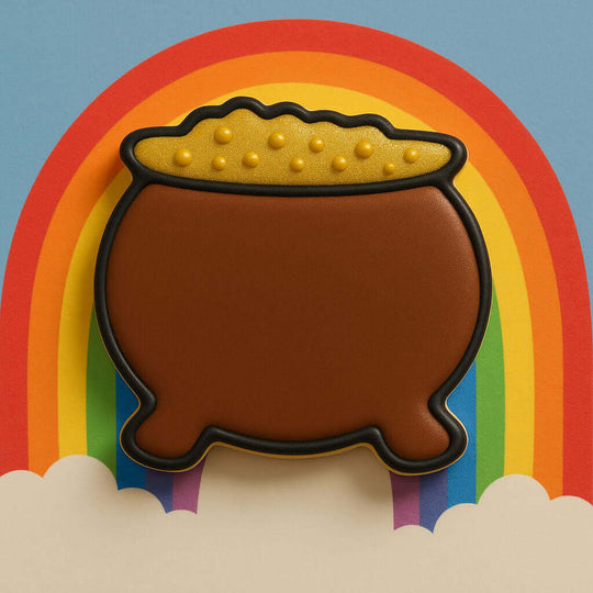 Cookie shaped like a pot of gold with a rainbow in the background from a 3.5 inch Pot O Gold or Witch's Cauldron Metal Cookie Cutter