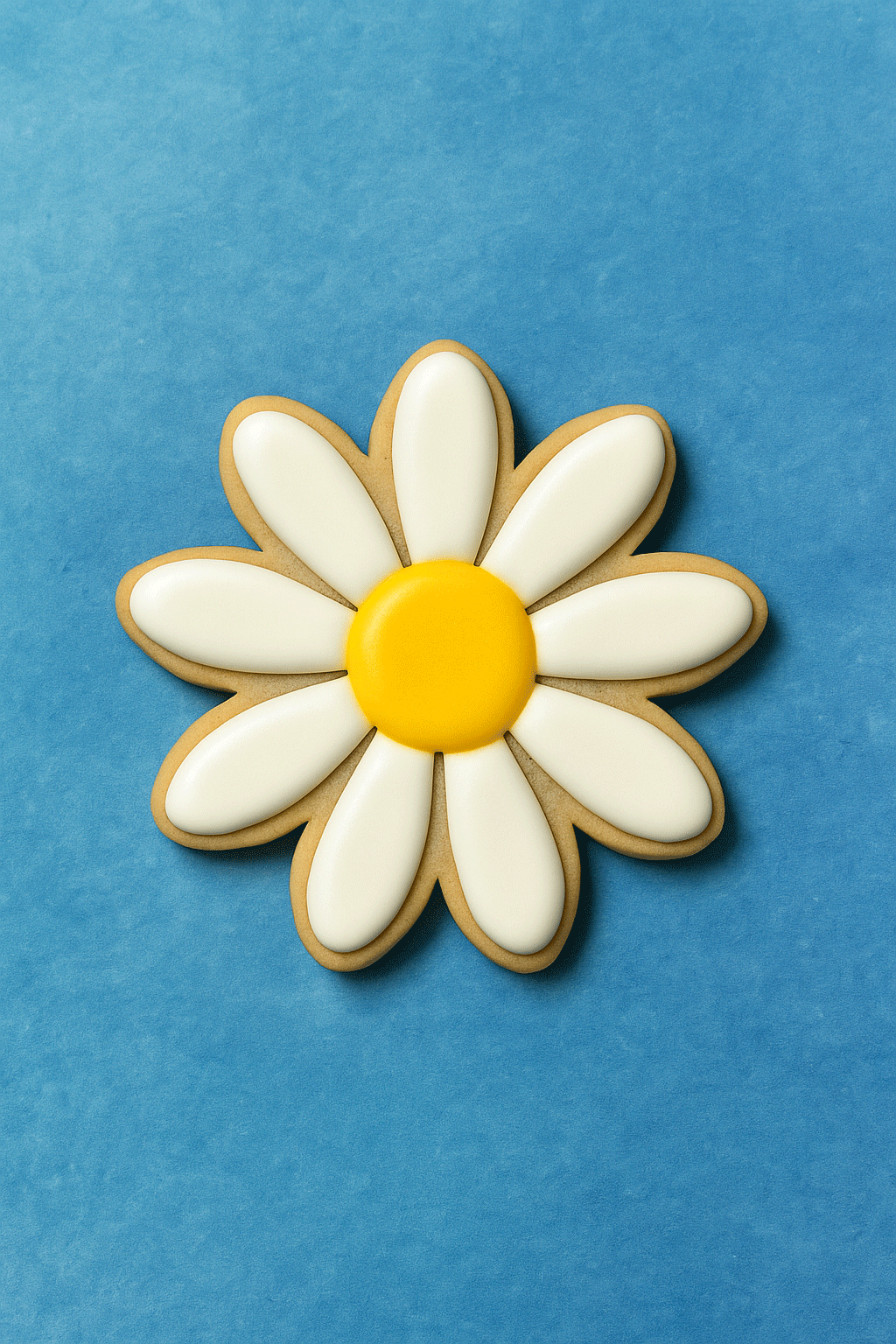 Decorative cookie shaped like a daisy with white petals and a yellow center on a blue background