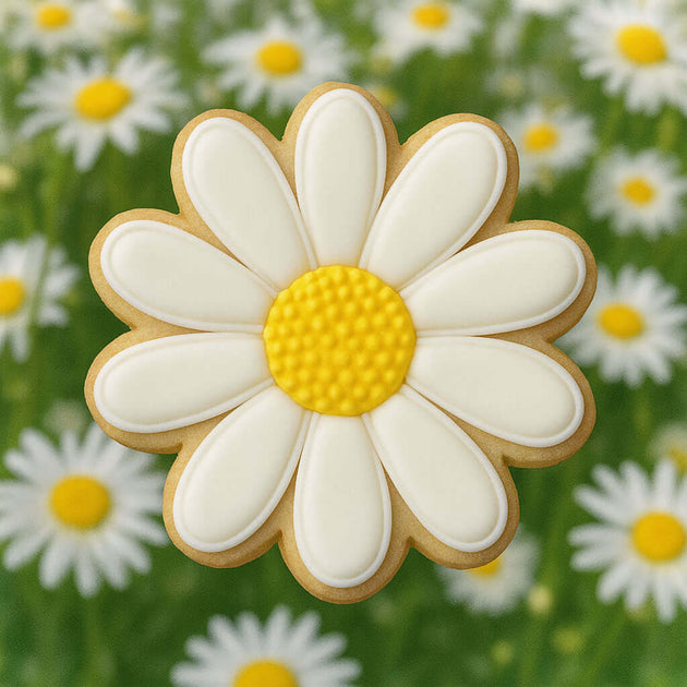 Decorative cookie shaped like a daisy with white petals and a yellow center, set against a background of actual daisies from a 3 inch Daisy Metal Cookie Cutter