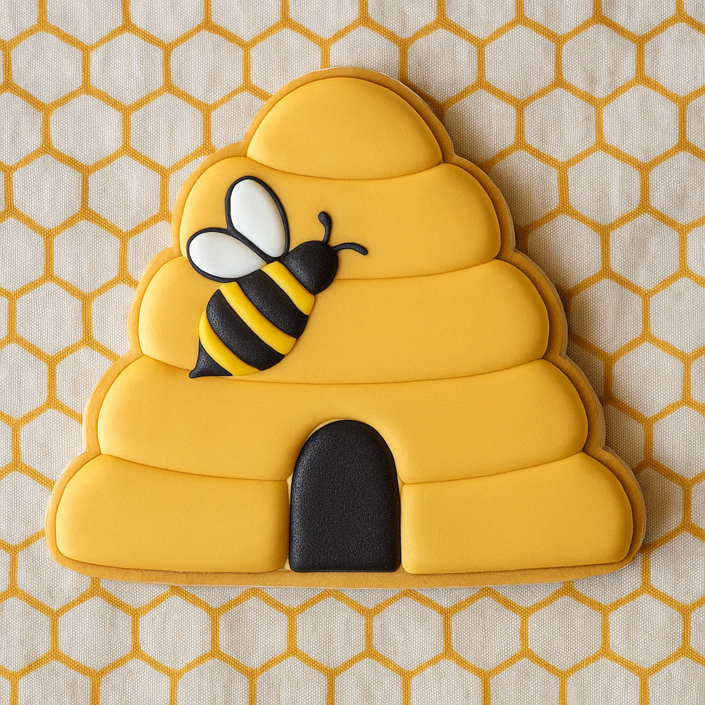 4 inch Bee Hive Metal Cookie Cutter in yellow with a bee design on a honeycomb patterned background.