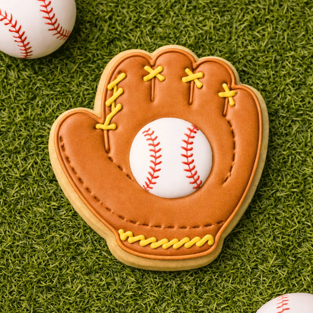3.5 inch Baseball Glove Metal Cookie Cutter shaped cookie with baseball decoration on grass.