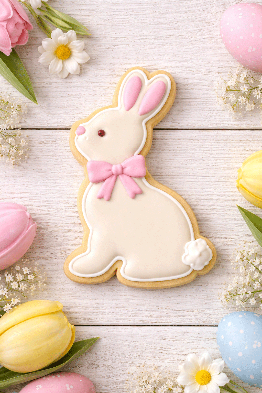 5 inch Chocolate Easter Bunny Rabbit Metal Cookie Cutter shaped cookie decorated with icing and surrounded by flowers.