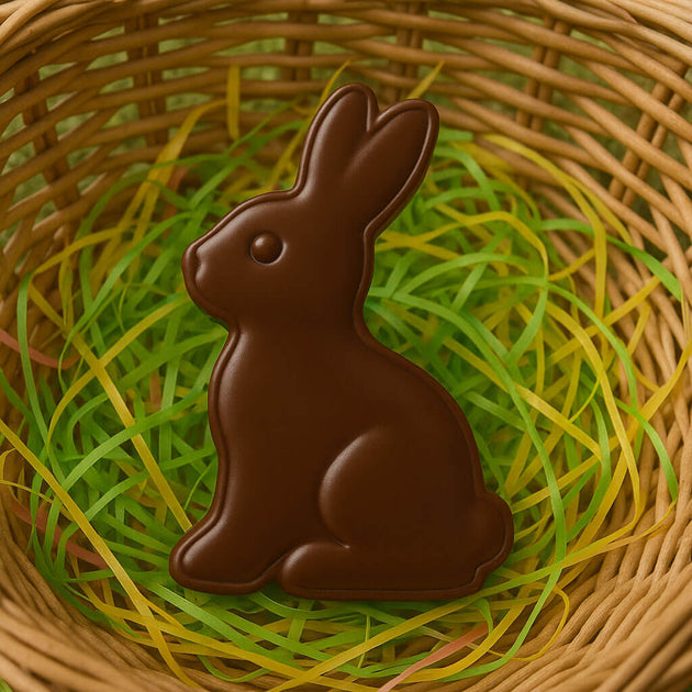 5 inch Chocolate Easter Bunny Rabbit Metal Cookie Cutter in brown chocolate within a colorful basket of grass.