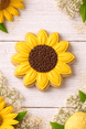 3 inch Sunflower Metal Cookie Cutter decorated cookie with yellow petals and chocolate center on a rustic table.