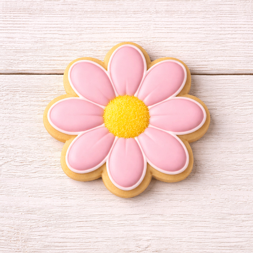 2.25 inch Mini Daisy Flower Metal Cookie Cutter shaped cookie decorated with pink icing and yellow center on a wooden background.