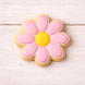 2.25 inch Mini Daisy Flower Metal Cookie Cutter shaped cookie decorated with pink icing and yellow center on a wooden background.