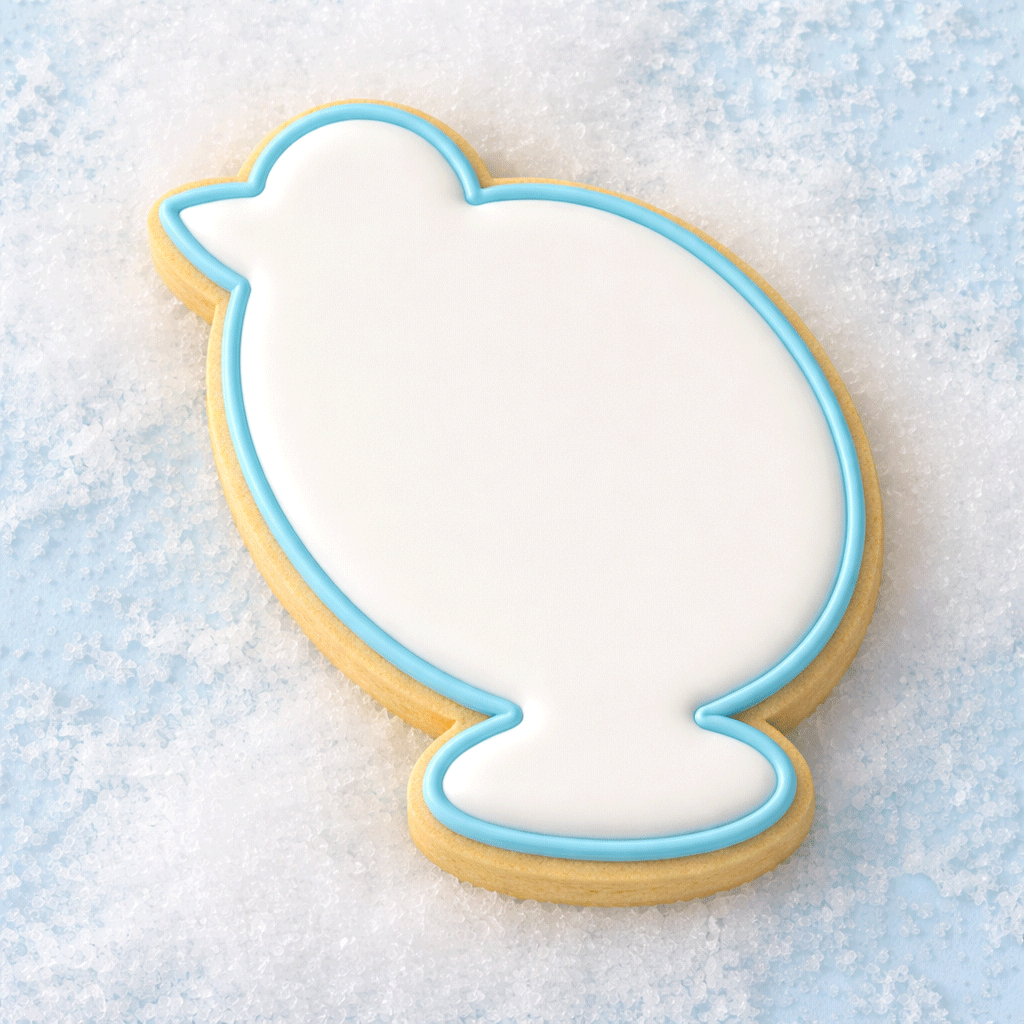 4 inch Chick Metal Cookie Cutter shaped cookie with white icing and blue outline on a light background from a 4 inch Chick Metal Cookie Cutter