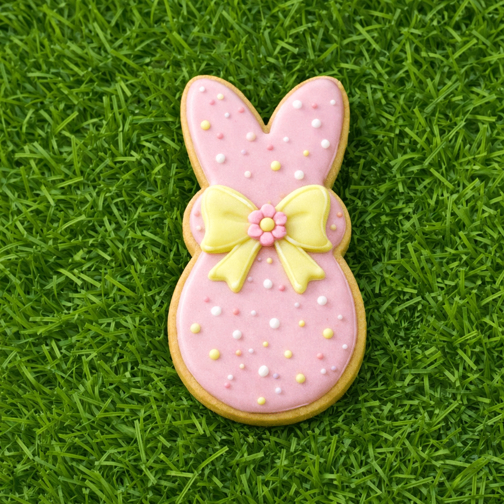 3.75 inch Easter Bunny Rabbit Metal Cookie Cutter shaped pink cookie with bow on green grass.