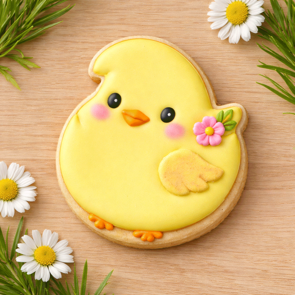 3 inch Easter Baby Chick Metal Cookie Cutter shaped cookie decorated with yellow icing and flowers.