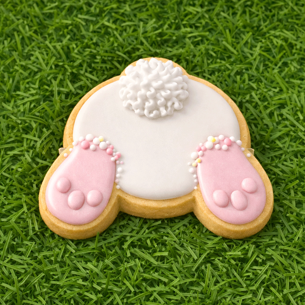 Decorative cookie shaped like a rabbit with pink feet and white fur on a green grass background for a 4 inch Easter Bunny Rabbit Butt Metal Cookie Cutter
