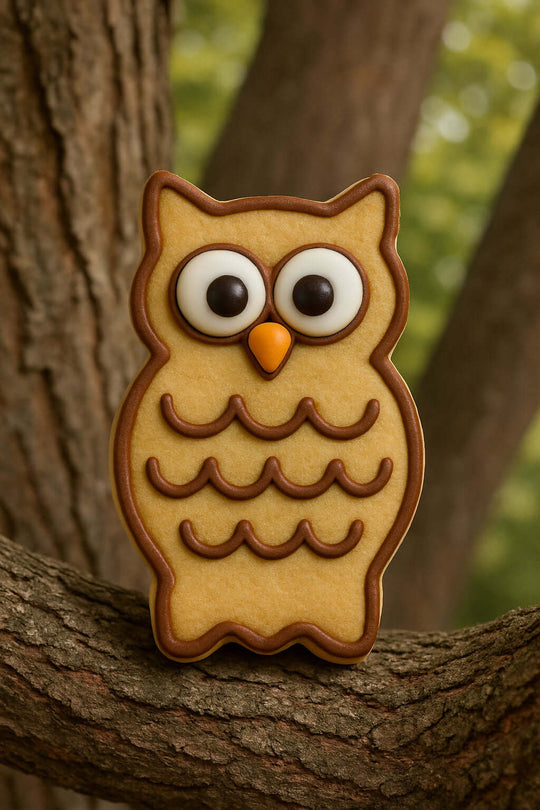 Owl-shaped cookie on a tree branch with a natural background from a 3.25 inch Owl Metal Cookie Cutter
