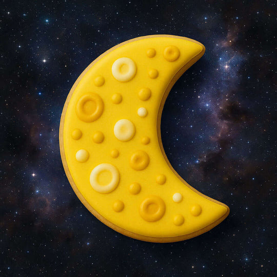 2.25 inch Mini Crescent Moon Metal Cookie Cutter shaped cookie decorated in yellow against a starry background.