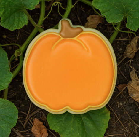 Pumpkin-shaped cookie on a leafy green background from a 3 inch Pumpkin Metal Cookie Cutter
