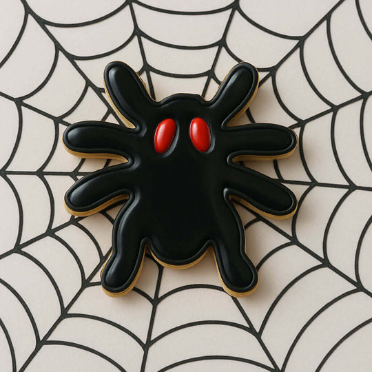 2.5 inch Spider Metal Cookie Cutter shaped black spider cookie with red eyes on spider web background.