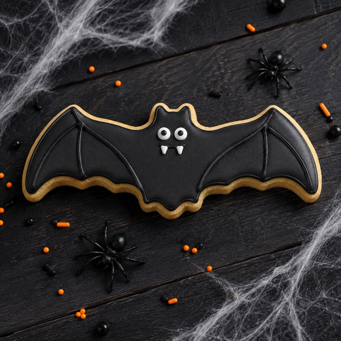 A bat-shaped sugar cookie decorated with black icing and white icing details, placed on a dark wooden surface with Halloween props including spider decorations, orange and black sprinkles, and white cobweb from a 4.5 inch Flying Bat Metal Cookie Cutter
