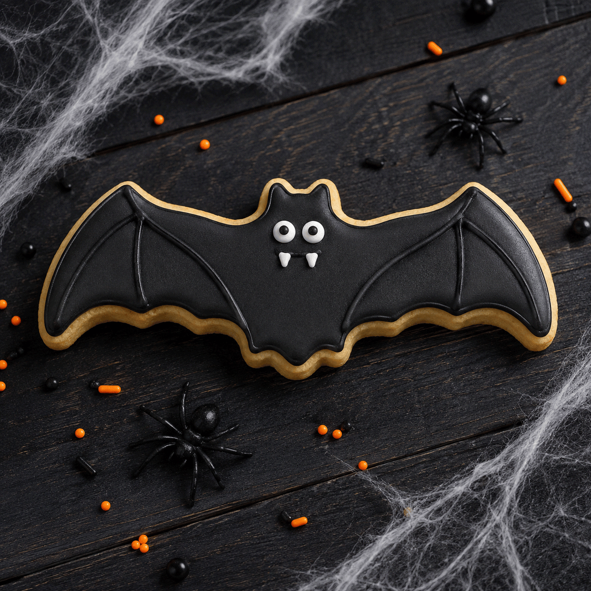 A bat-shaped sugar cookie decorated with black icing and white icing details, placed on a dark wooden surface with Halloween props including spider decorations, orange and black sprinkles, and white cobweb from a 4.5 inch Flying Bat Metal Cookie Cutter