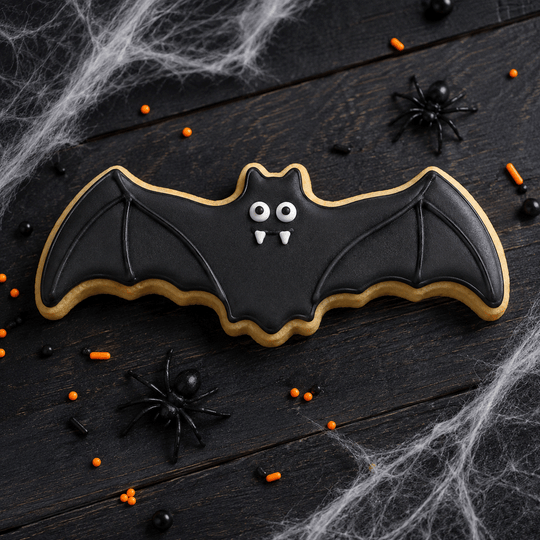 A bat-shaped sugar cookie decorated with black icing and white icing details, placed on a dark wooden surface with Halloween props including spider decorations, orange and black sprinkles, and white cobweb from a 4.5 inch Flying Bat Metal Cookie Cutter
