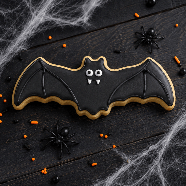 A bat-shaped sugar cookie decorated with black icing and white icing details, placed on a dark wooden surface with Halloween props including spider decorations, orange and black sprinkles, and white cobweb from a 4.5 inch Flying Bat Metal Cookie Cutter