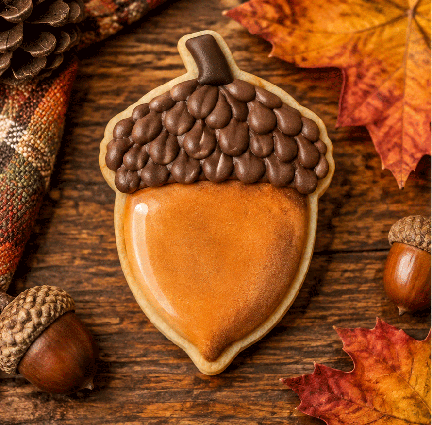 Acorn decorated cookie from a 2.75 inch Acorn Metal Cookie Cutter