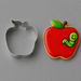 An apple-shaped metal cookie cutter shown next to a decorated apple-shaped sugar cookie with a red icing body, green leaf, brown stem, and a smiling green caterpillar from a 3 inch Apple Metal Cookie Cutter