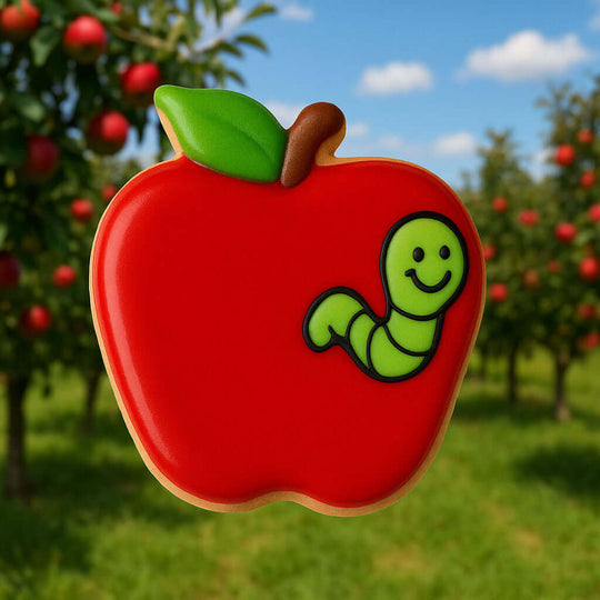 Red apple-shaped cookie with a green worm on a blurred background of apple trees from a 3 inch Apple Metal Cookie Cutter