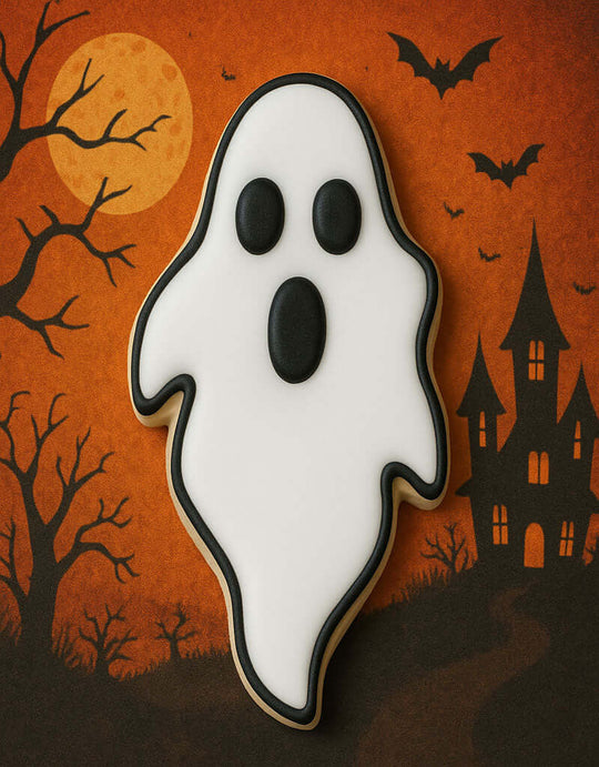 Ghost-shaped Halloween cookie with a haunted house and bats in the background from a 5 inch Ghost Metal Cookie Cutter